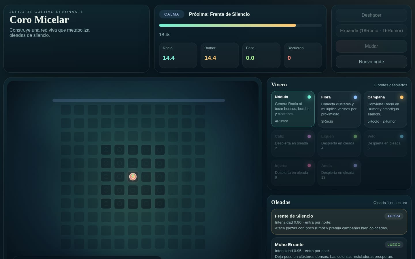 Coro Micelar screenshot: growing board, resources, and upcoming waves