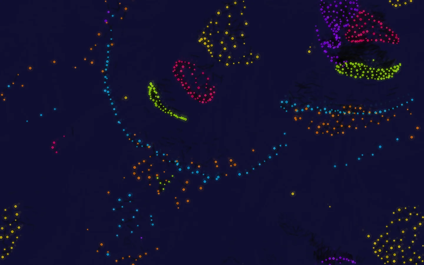 Particle Life: clusters of colored particles over a deep navy background